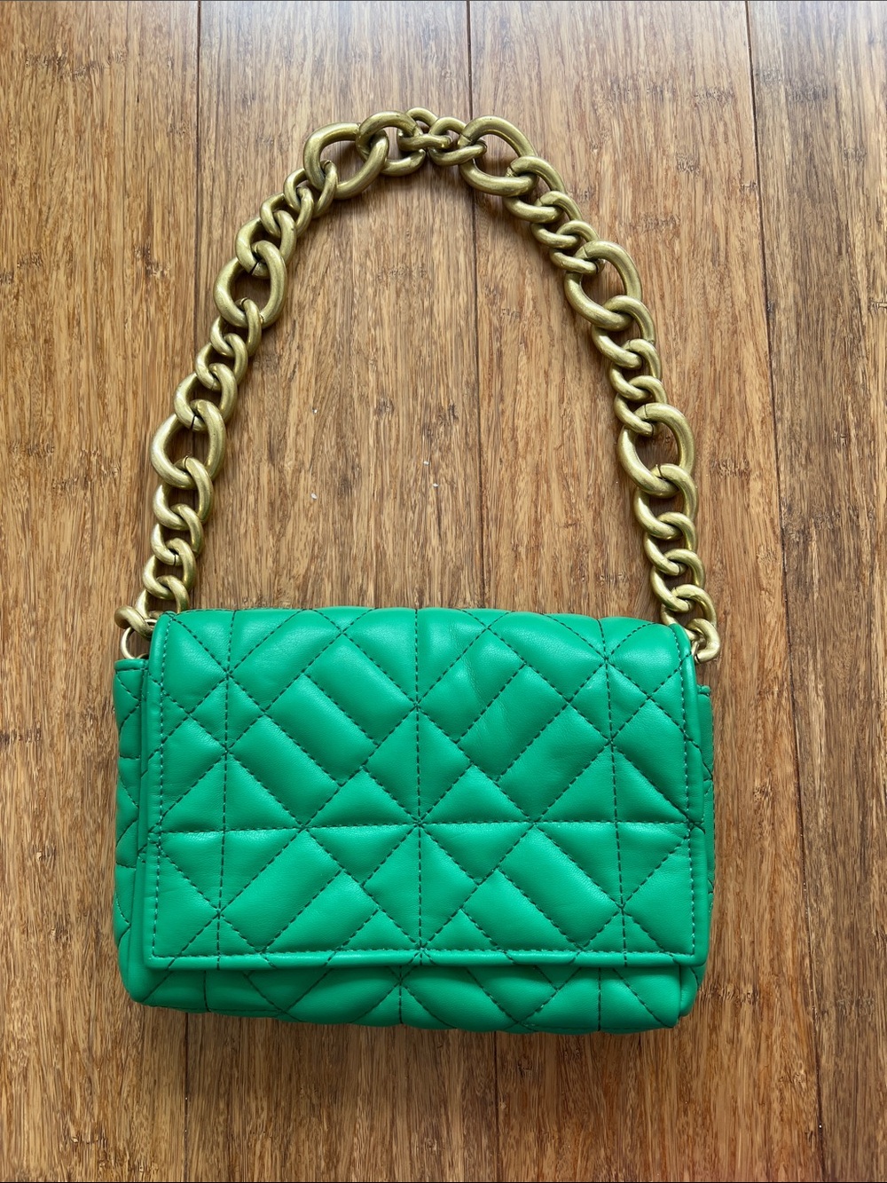 Zara Green Quilted Gold Chain Shoulder Bag
